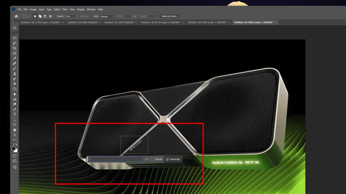Adobe Photoshop Generative Fill feature example with RTX graphics card
