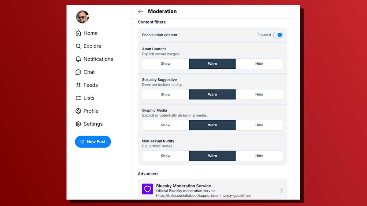 Bluesky moderation options screenshot