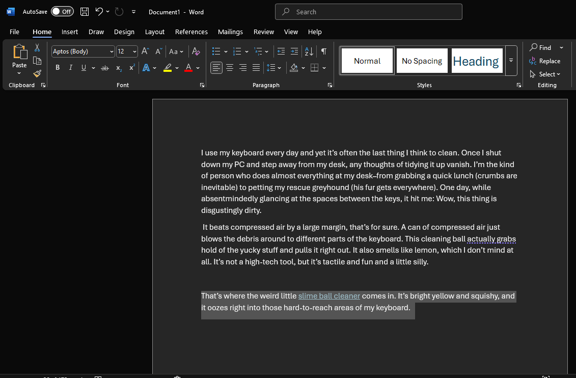Microsoft Word, using the Spike tool