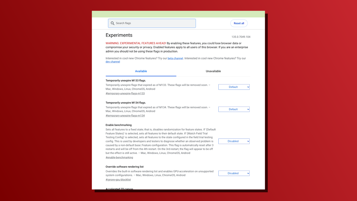 ChromeOS flags for experimental features screenshot