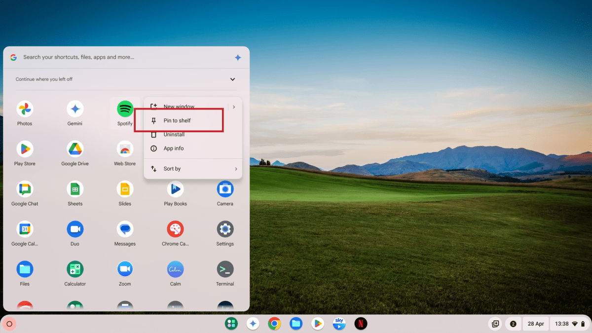 ChromeOS pin app to shelf screenshot