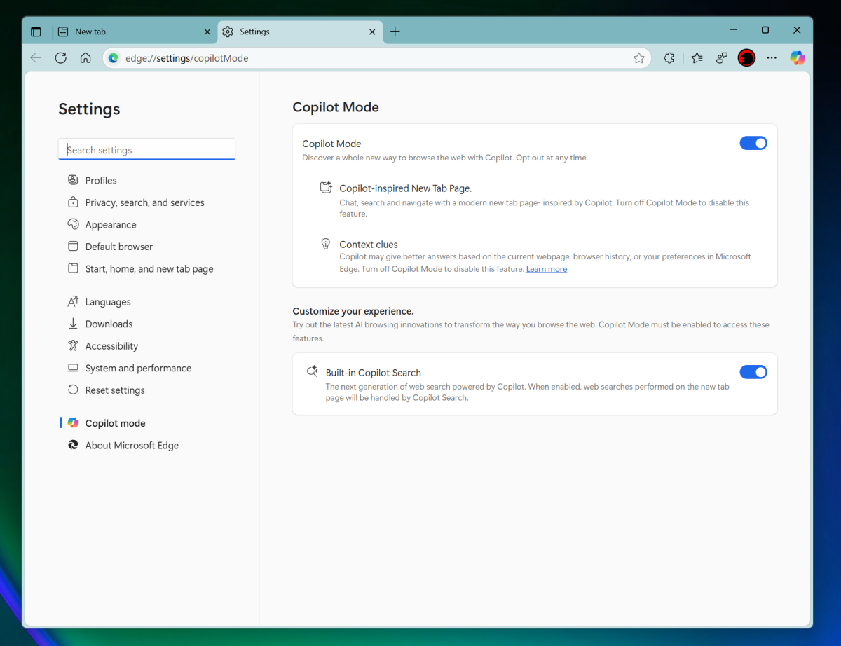 Microsoft Edge Copilot Mode settings