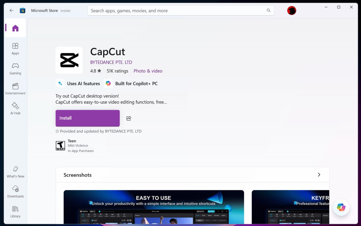 Microsoft Store app page Capcut