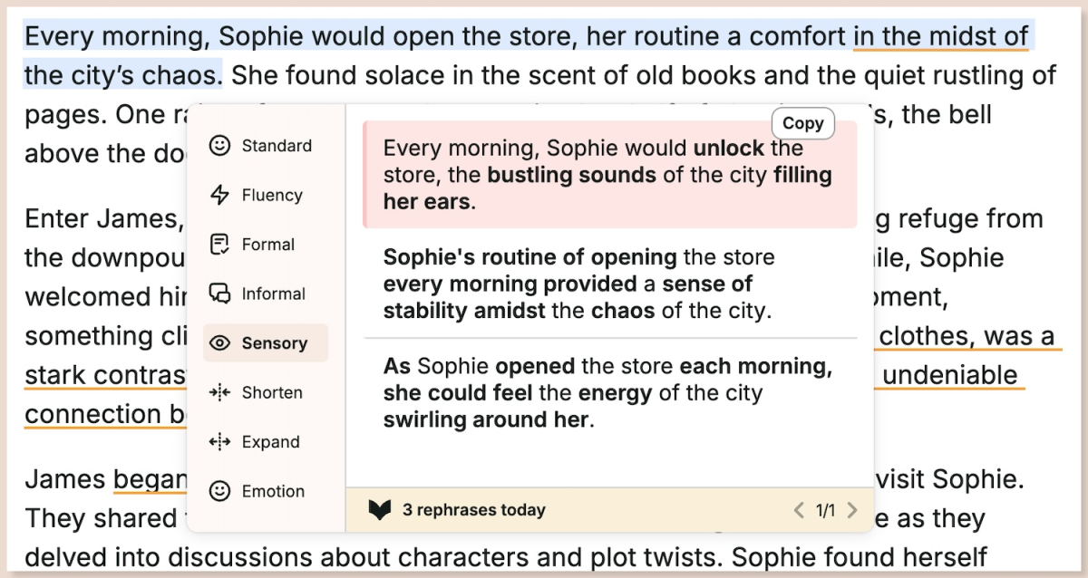 ProWritingAid AI Rephrase feature example