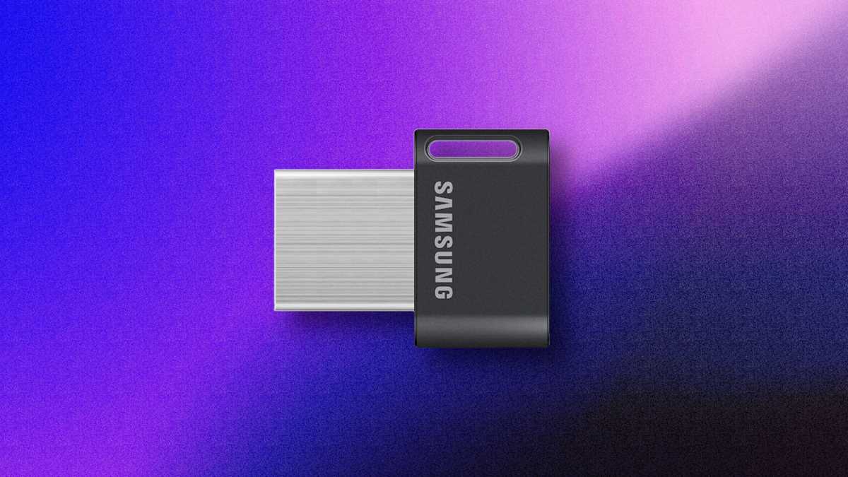 Samsung FIT Plus USB flash drive promo on background