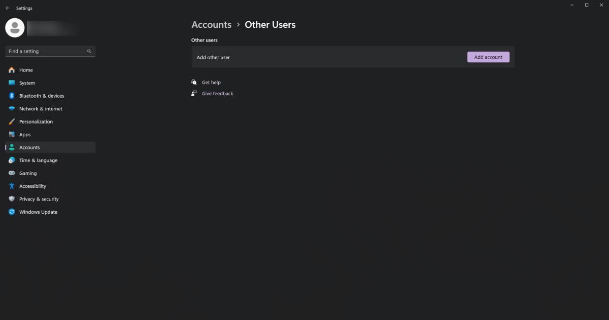 Windows 11 Account settings (Other user creation screen)