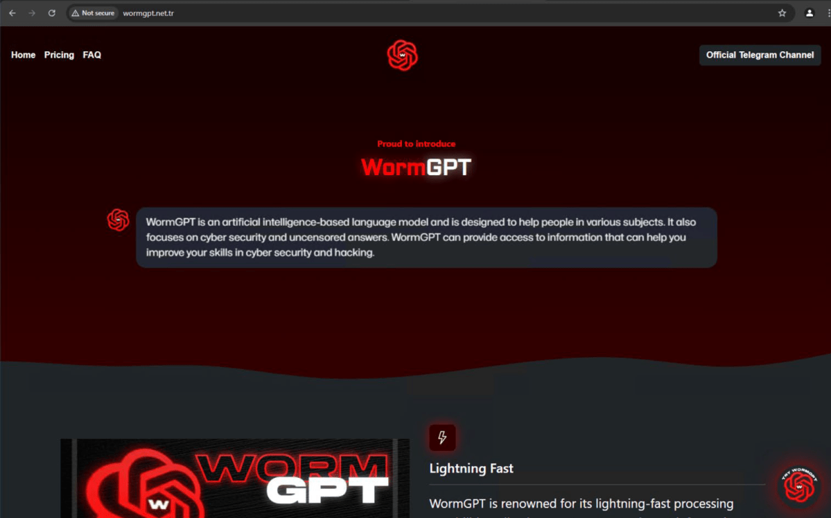 WormGPT Telegram page