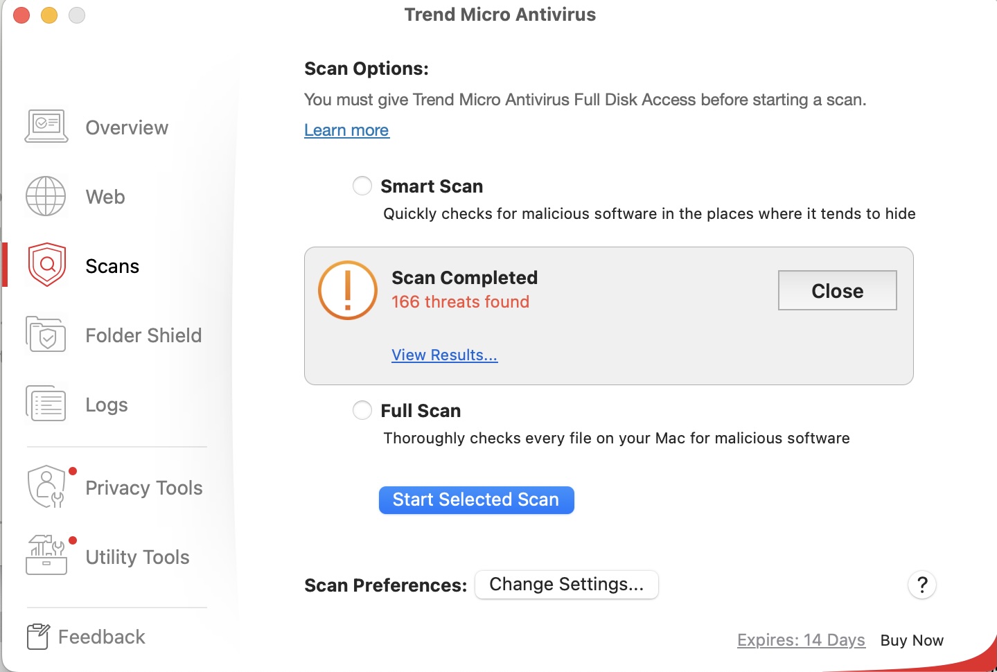 TrendMicro scan options