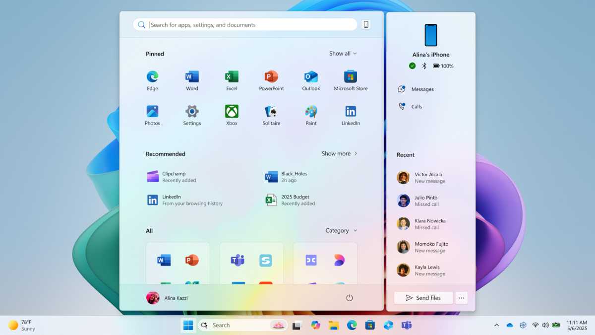 Windows 11 new Start menu with phone companion panel screenshot