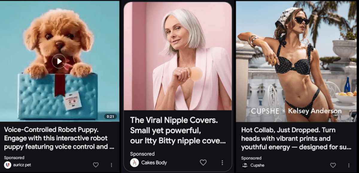 Google Discover advertising: robot puppy, nipple covers, bikini model