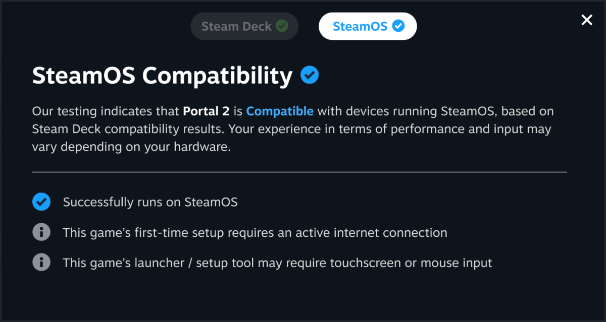 SteamOS compatibility page for Portal 2