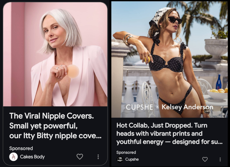 Google Discover ads: nipple covers and bathing suit