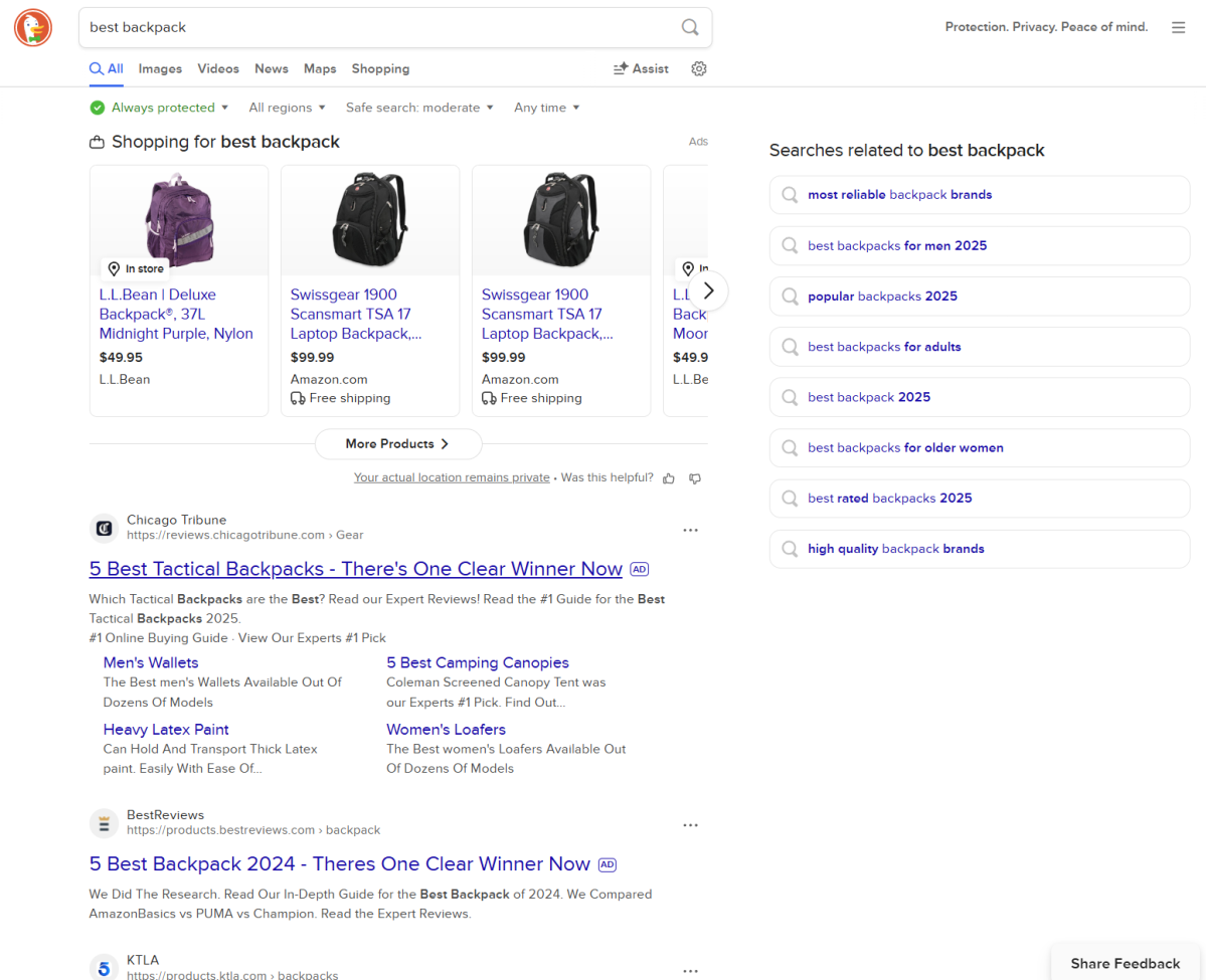 DuckDuckGo search for backpacks, with advertising