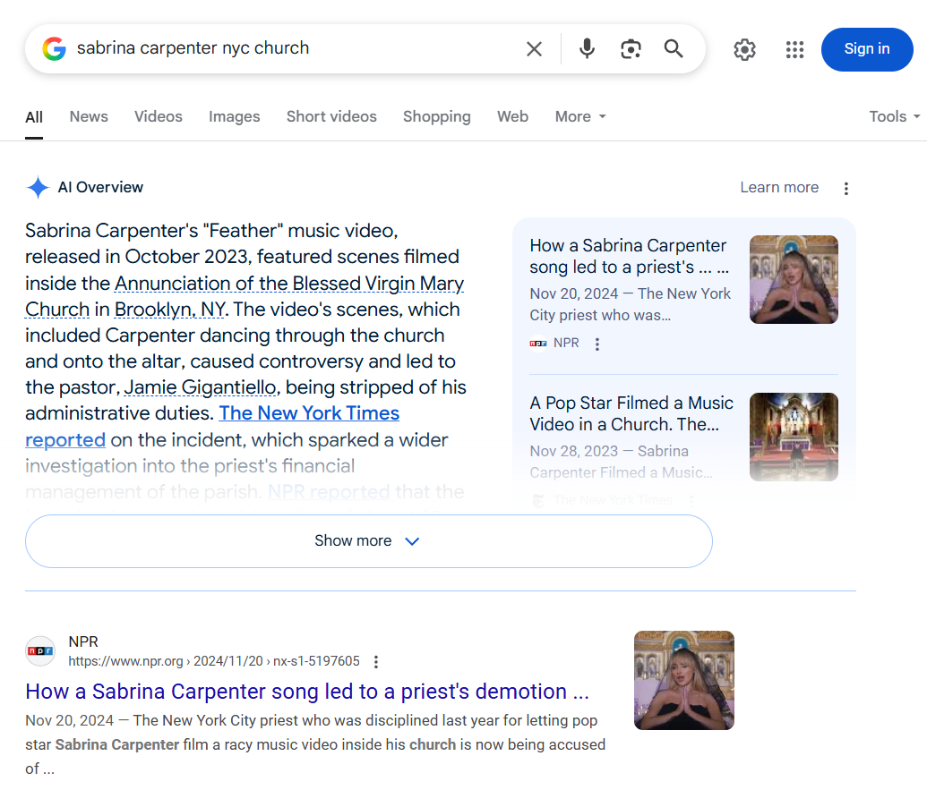 Sabrina Carpenter google search result
