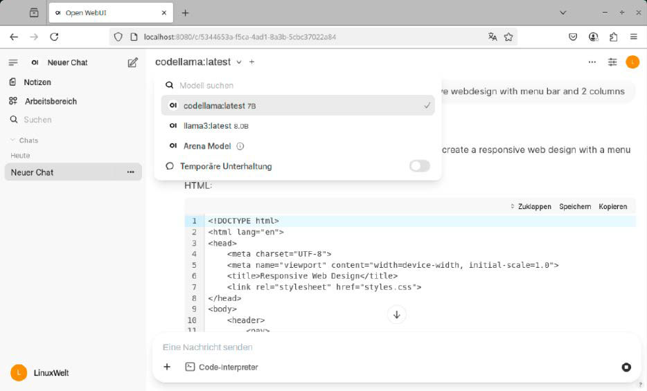 Browseroberfläche für Ollama: Open-Web-UI ist als Python-Programm oder auch in einem Docker-Container flott eingerichtet und liefert eine Bedienoberfläche nach.