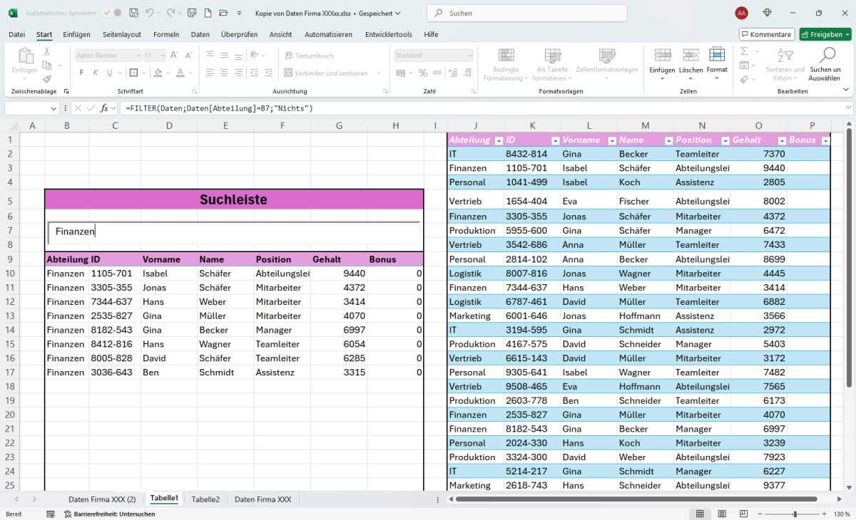 Excel Suchfeld