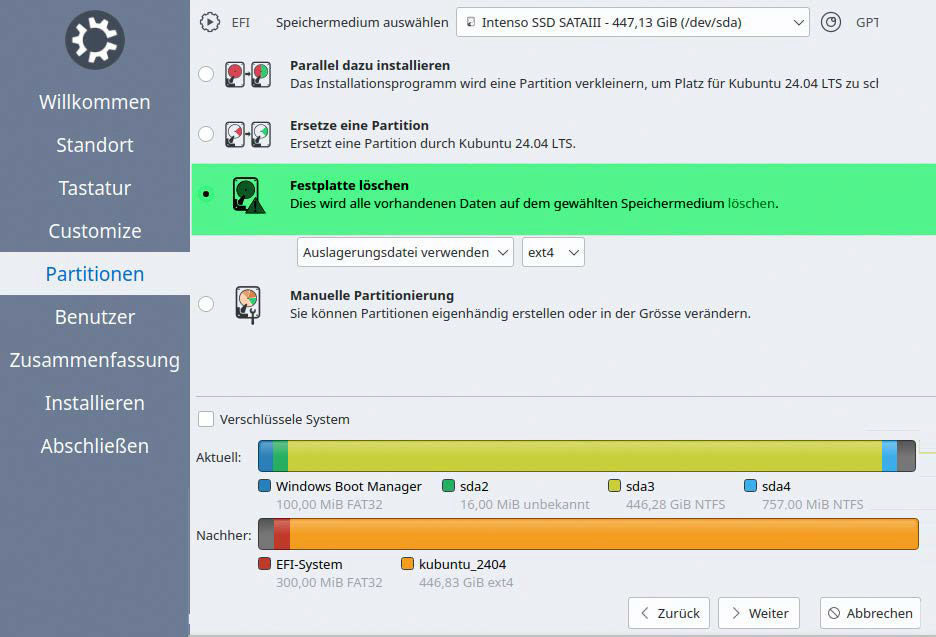 Windows 10 löschen und ersetzen: Das ist für Linux-Installer (hier Kubuntu mit Calmares) technisch die einfachste Option.
