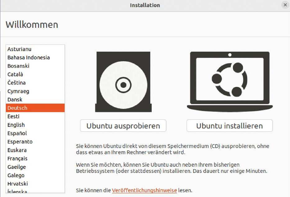 Entscheidung im gestarteten Live- und Installationsabbild: Wenn das Linux-Livesystem das anbietet, wählen Sie immer „Ausprobieren“. Das ermöglicht eine Desktopumschau und einen zuverlässigen Hardwaretest.