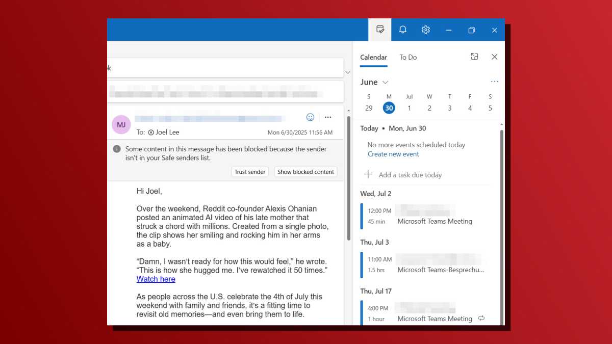 Calendar in My Day panel in new Outlook app screenshot