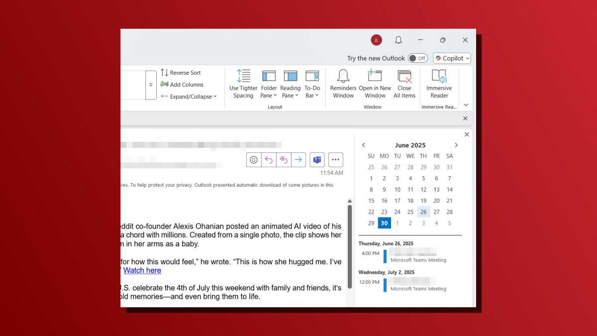 Calendar in To Do Bar in Classic Outlook app screenshot