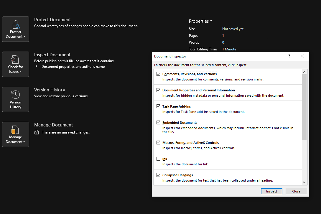 Document Inspector, Word
