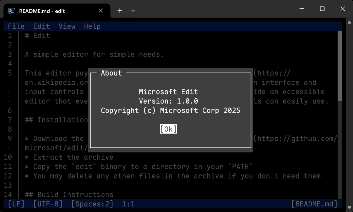 Microsoft Edit version 1.0.0 screenshot