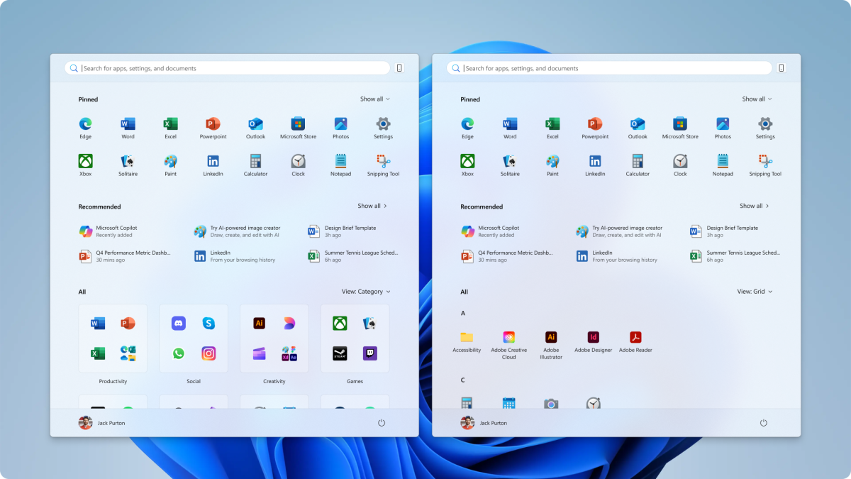 New Windows 11 start menu options