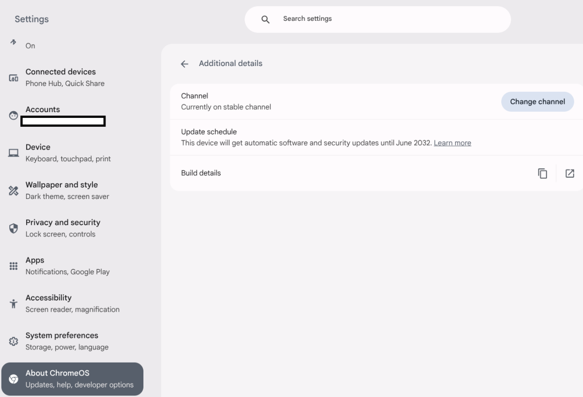 Google ChromeOS support window edited