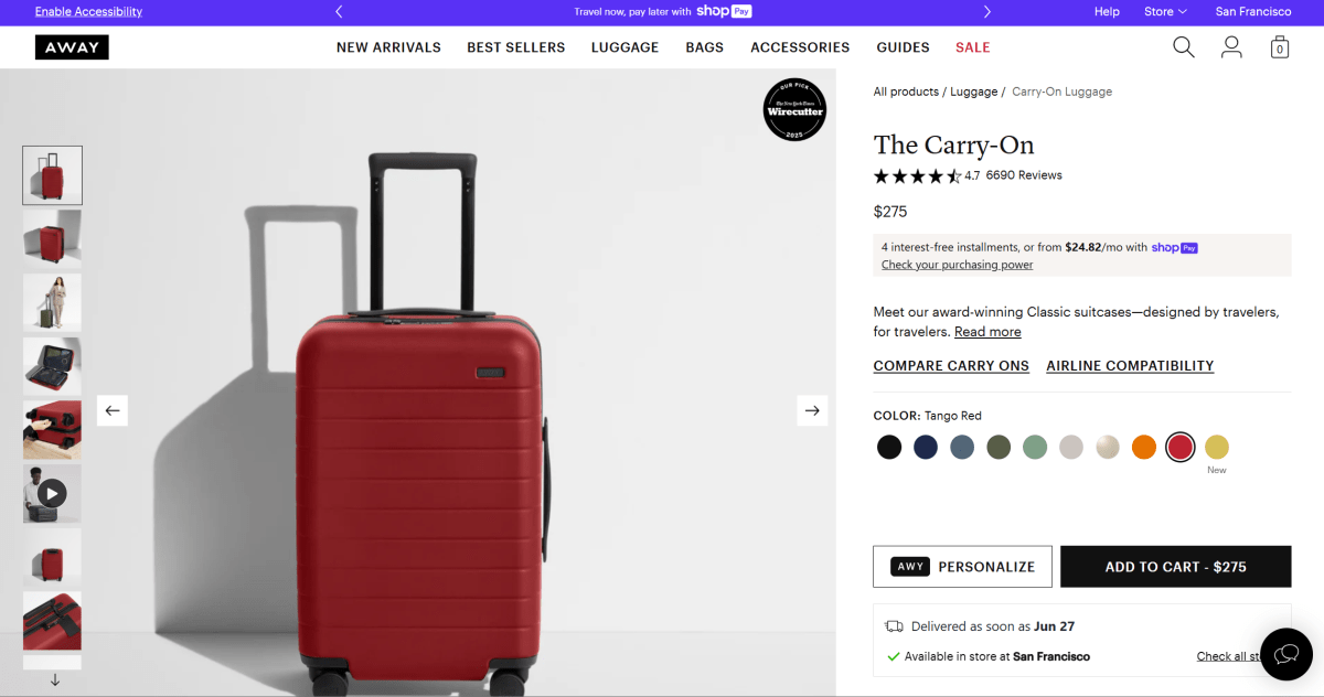 Product listing for The Carry-On by Away luggage