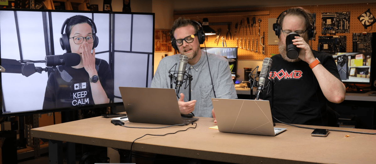 The Full Nerd Episode 353 screen capture, with Alaina shocked & Adam concilatory. Will is unperturbed.