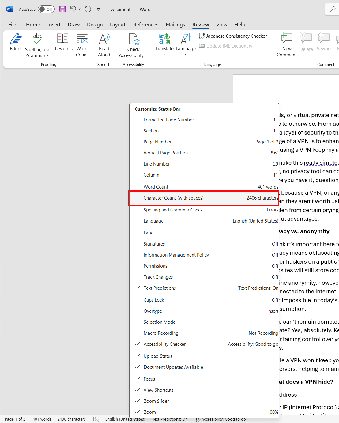 Microsoft Word Character Count