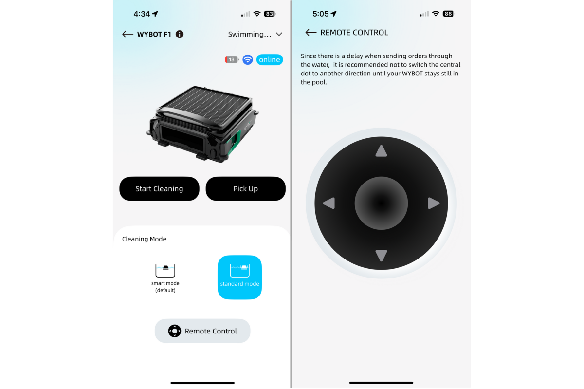 Wybot F1 pool skimmer app screenshots