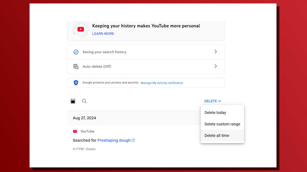 YouTube web activity history delete screenshot