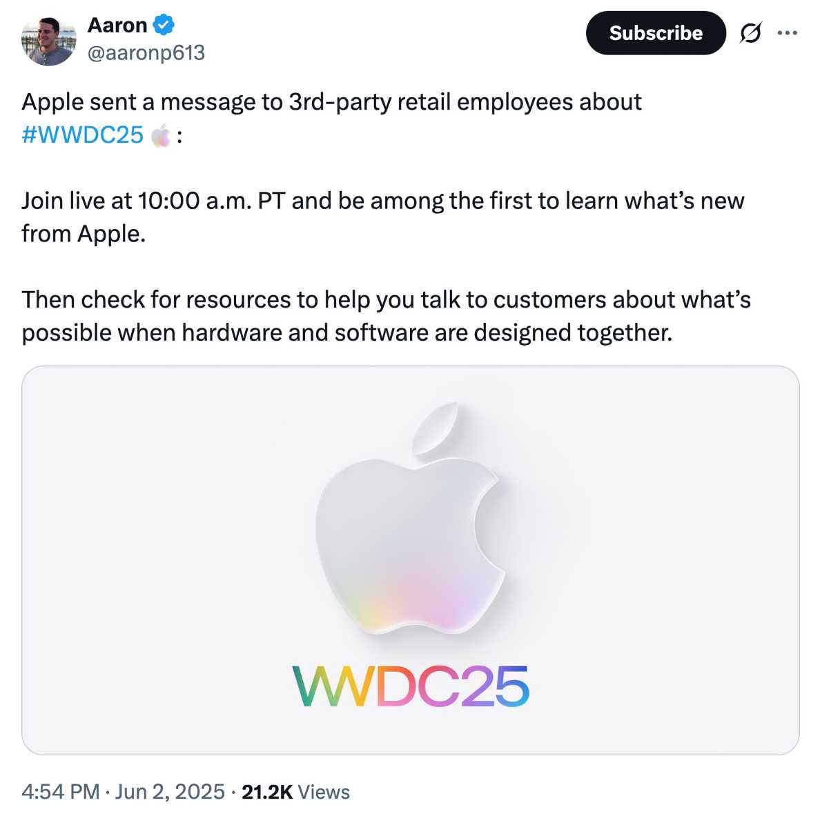 aaronp613 WWDC25 X post