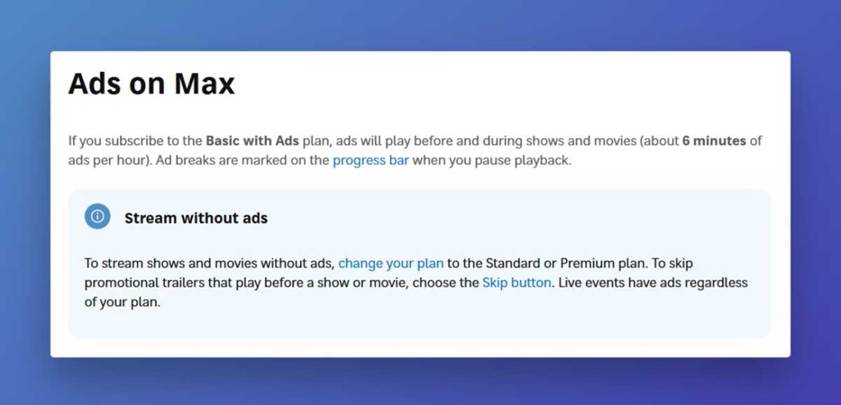 Max support page now in June 2025, showing 6 minutes of ads per hour.