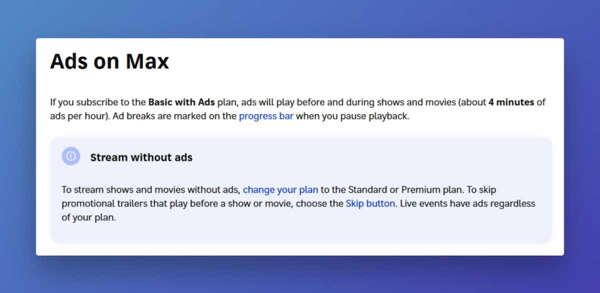 Max support page on February 16 (via archive.org), showing four minutes of ads per hour.