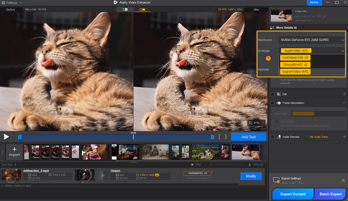 aiarty video enhancer cat fur modetail2