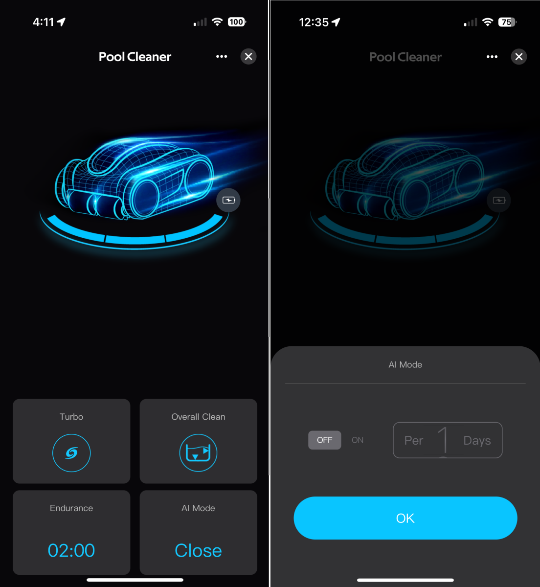 iGarden robotic pool cleaner app screenshots