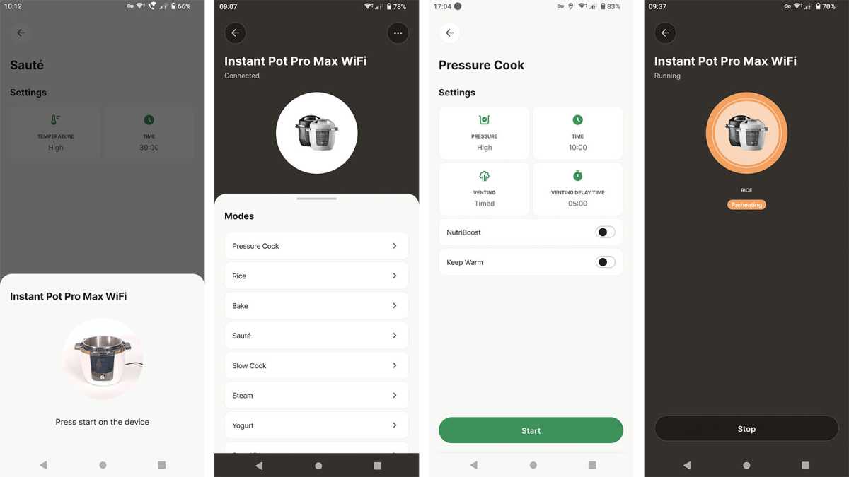 Screenshots from the Instant Pot app