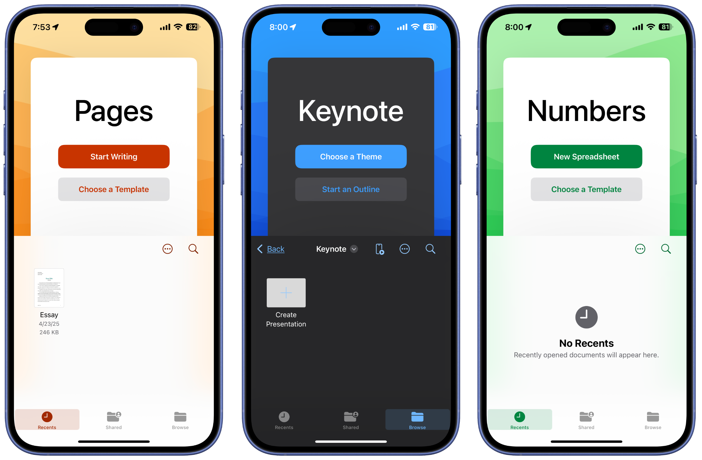 iWork launch screens