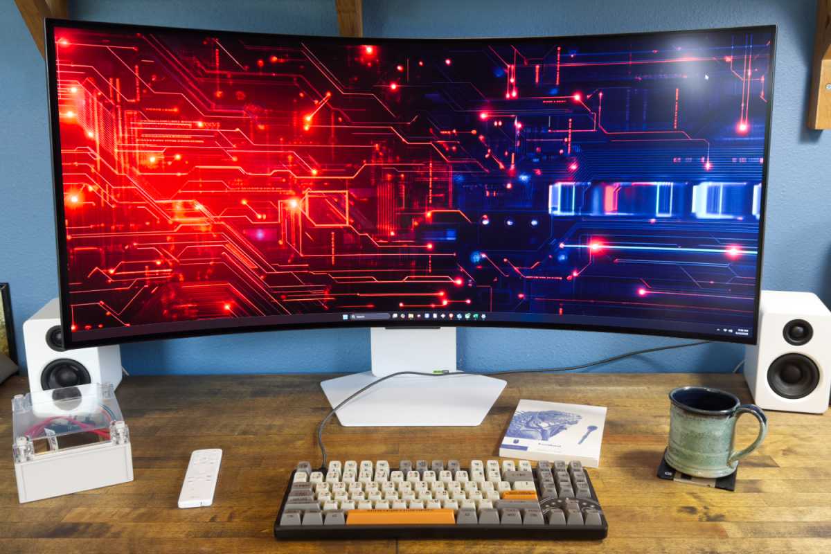 lg ultragear 39gx90sa monitor on desk at straight-on orientation