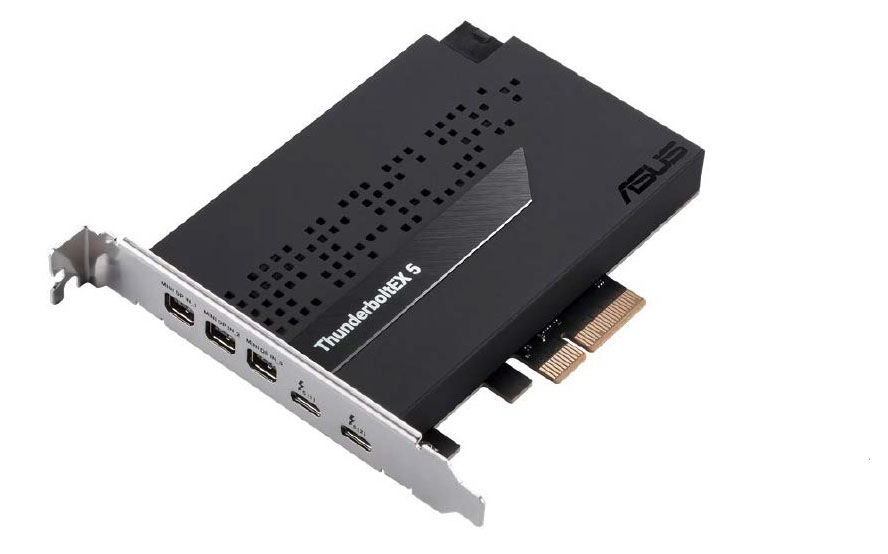 Bei Desktop-PCs lässt sich TB 5 und damit auch USB 4 v2 per PCIe-Erweiterungskarte eventuell nachrüsten. Bei diesem Asus-Modell bekommen Sie zu den beiden Typ-C-Buchsen so auch drei Mini-DP-2.1-Anschlüsse.