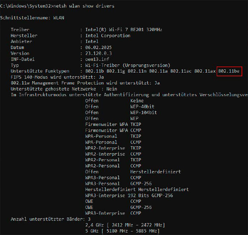 Mit den passenden Befehlen verrät die Windows- Kommandozeile wichtige Infos zur eingebauten Wi-Fi-Hardware: Wenn Sie dort „802.11be“ sehen, wissen Sie, dass Ihr Rechner Wi-Fi 7 beherrscht.