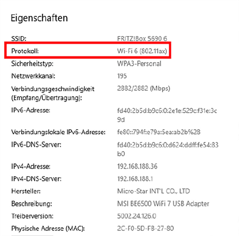 Auch unter Windows 10 lässt sich Hardware für Wi-Fi 7 installieren und nutzen: dann aber nur mit den Funktionen des älteren Wi-Fi-Standards Wi-Fi 6, wie Sie in den Windows-Einstellungen sehen.