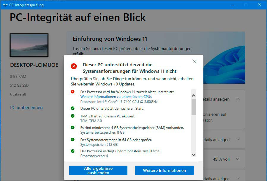 PC-Integritätsprüfung: Erfüllt ein Rechner die Hardwareanforderungen an Windows 11 nicht, lässt sich das Setup des Betriebssystems über einen modifizierten Installationsstick erzwingen.