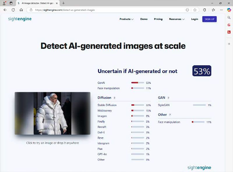 Beim Bild des Papstes in einem weißen Steppmantel ist sich die KI von Sightengine nicht sicher, ob es sich um einen Deepfake handelt oder nicht.