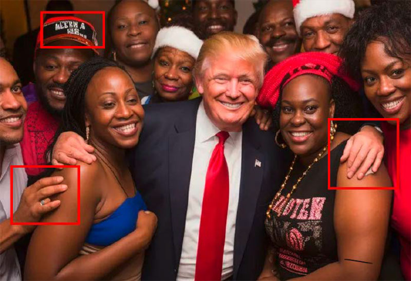 Dieser Deepfake von Donald Trump wurde im Wahlkampf von einem Fan auf Facebook verbreitet. Die Darstellung der Finger stimmt nicht – ein häufiges Problem. Und die Schrift auf der Mütze ist nicht lesbar.