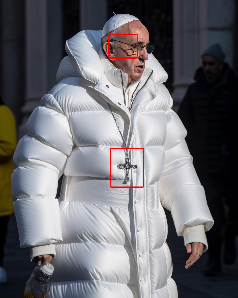 Beim Papstbild passt der Schatten nicht zum Brillengestell, und das Kruzifix hängt nur auf einer Seite an einer Kette.
