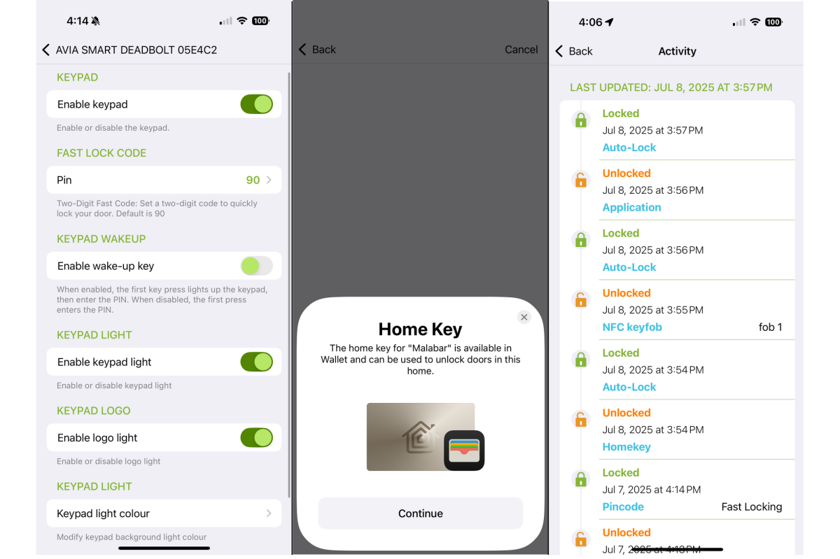 Avia Smart Deadbolt app screenshots