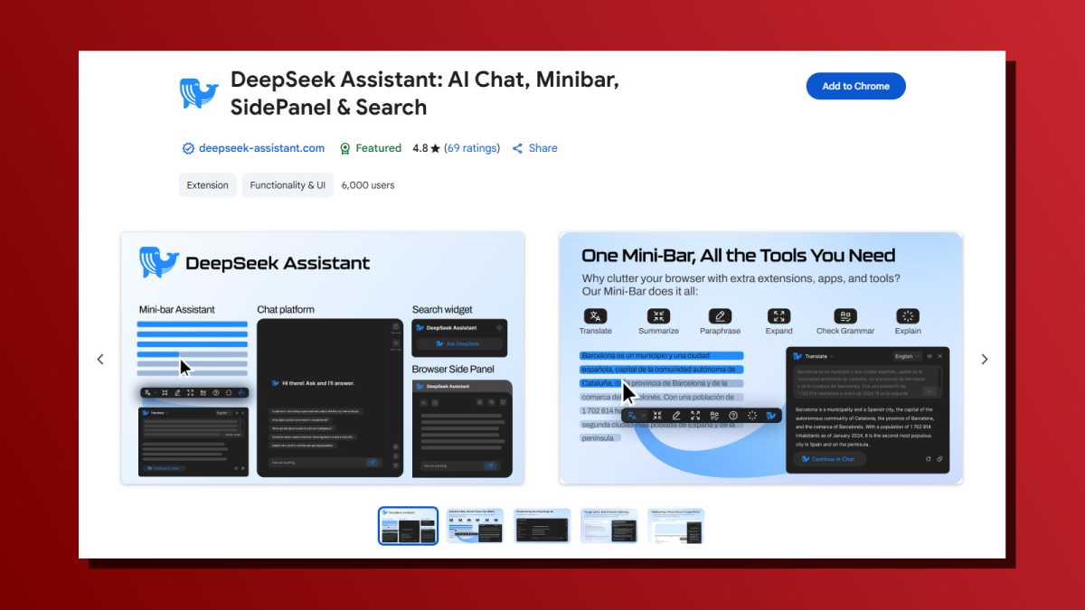 DeepSeek Assistant Chrome Web Store page screenshot